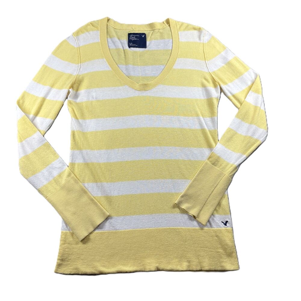 American Eagle Women Y2K Striped Deep V-Neck Sweater Yellow White Large Q125